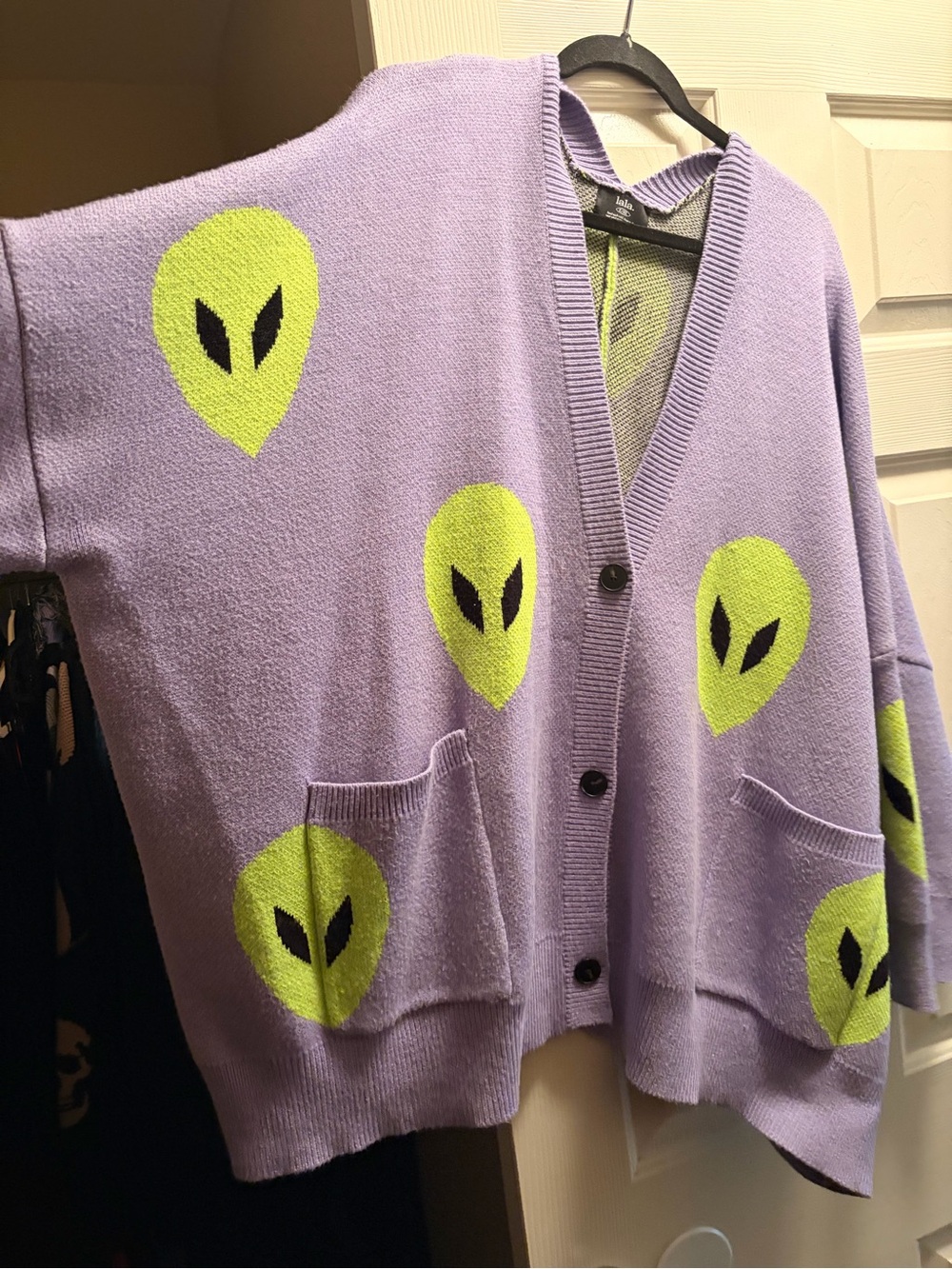 Dressed in LALA Lavender Cardigan with Neon Green Alien Motif